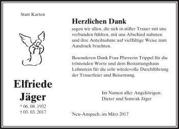 Traueranzeige von Elfriede Jäger von  Usinger Anzeiger