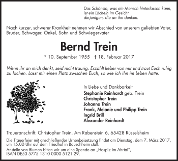Traueranzeige von Bernd Trein von Trauerportal Rhein Main Presse