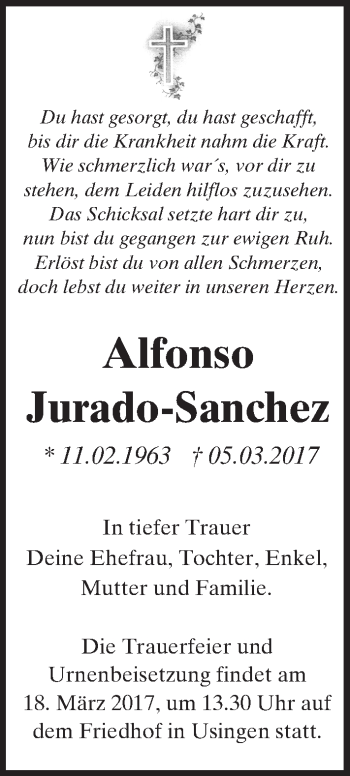 Traueranzeige von Alfonso Jurado-Sanchez von  Usinger Anzeiger