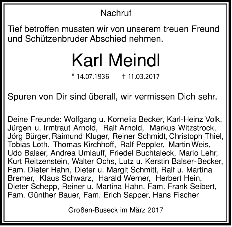  Traueranzeige für Karl Meindl vom 18.03.2017 aus  Gießener Anzeiger