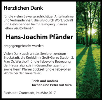 Traueranzeige von Hans-Joachim Pfänder von Trauerportal Echo Online