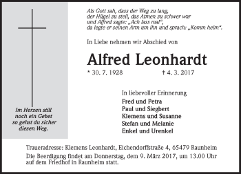 Traueranzeige von Alfred Leonhardt von Trauerportal Rhein Main Presse