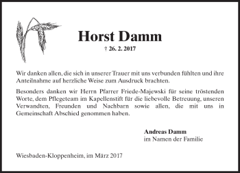 Traueranzeige von Horst Damm von Trauerportal Rhein Main Presse