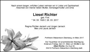 Traueranzeige von Liesel Richter von  Gießener Anzeiger
