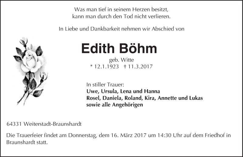  Traueranzeige für Edith Böhm vom 14.03.2017 aus Trauerportal Echo Online