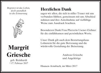 Traueranzeige von Margrit Griesche von  Usinger Anzeiger