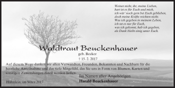 Traueranzeige von Waldtraut Beuckenhauer von Trauerportal Echo Online