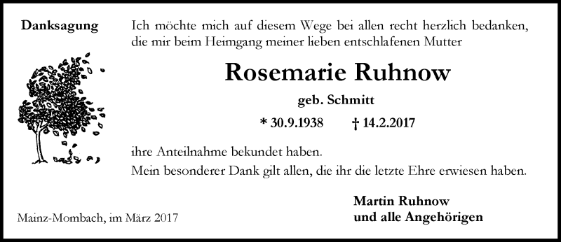  Traueranzeige für Rosemarie Ruhnow vom 04.03.2017 aus Trauerportal Rhein Main Presse