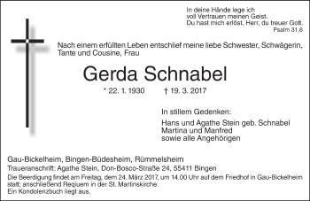 Traueranzeige von Gerda Schnabel von Trauerportal Rhein Main Presse