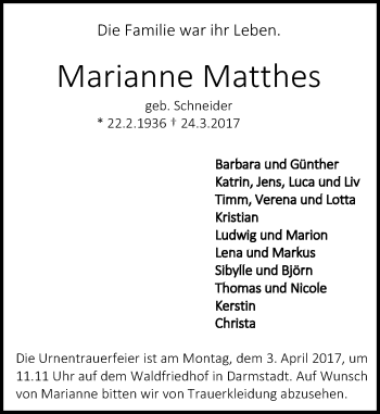 Traueranzeige von Marianne Matthes von Trauerportal Echo Online