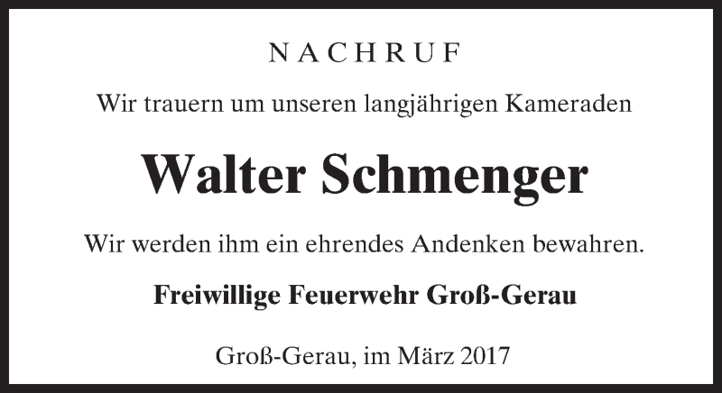  Traueranzeige für Walter Schmenger vom 29.03.2017 aus Trauerportal Echo Online