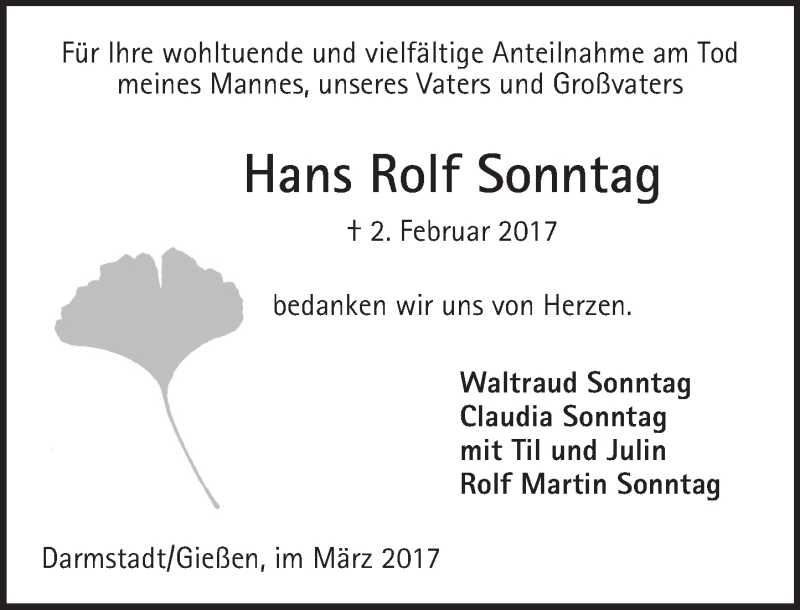  Traueranzeige für Hans Rolf Sonntag vom 11.03.2017 aus  Gießener Anzeiger