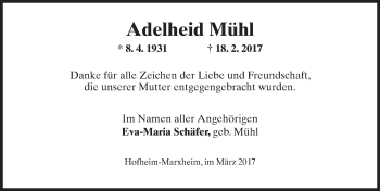 Traueranzeige von Adelheid Mühl von Trauerportal Rhein Main Presse