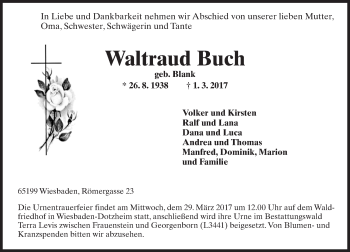 Traueranzeige von Waltraud Buch von Trauerportal Rhein Main Presse