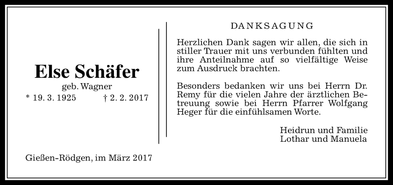  Traueranzeige für Else Schäfer vom 04.03.2017 aus  Gießener Anzeiger
