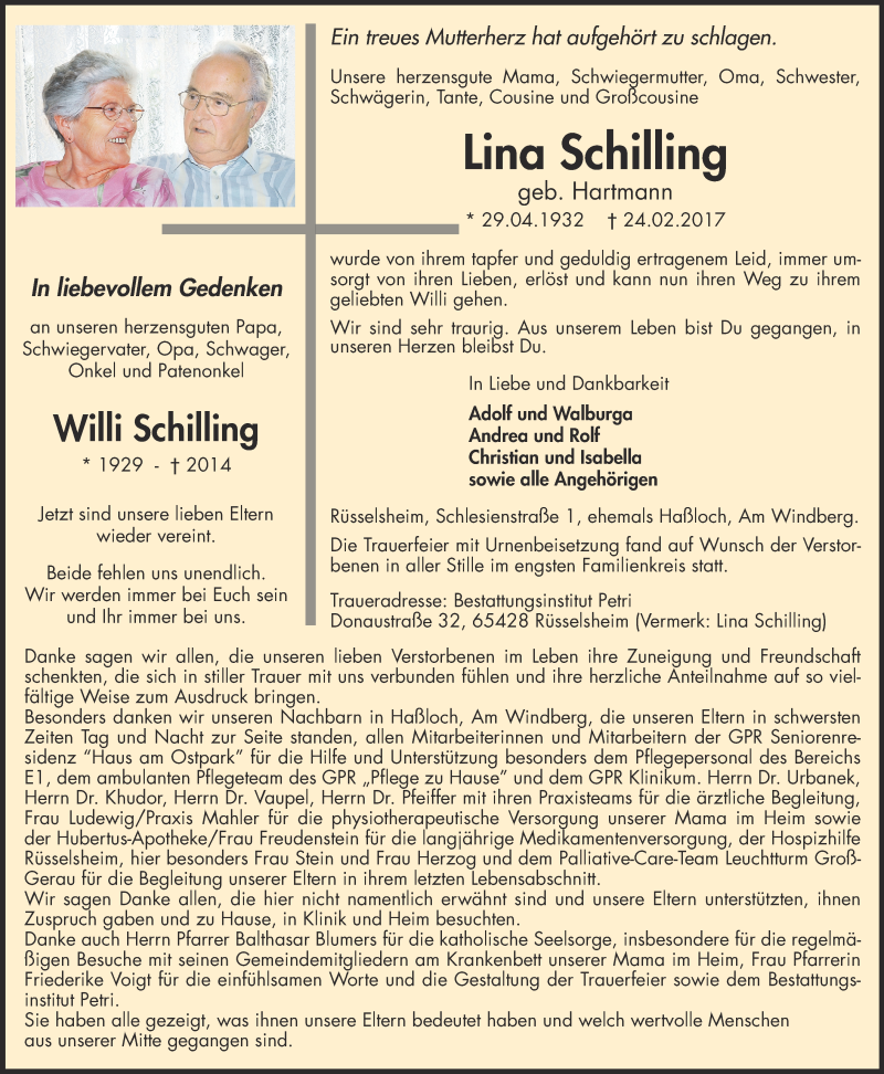  Traueranzeige für Lina Schilling vom 11.03.2017 aus Trauerportal Rhein Main Presse