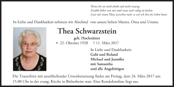 Traueranzeige von Thea Schwarzstein von Trauerportal Echo Online