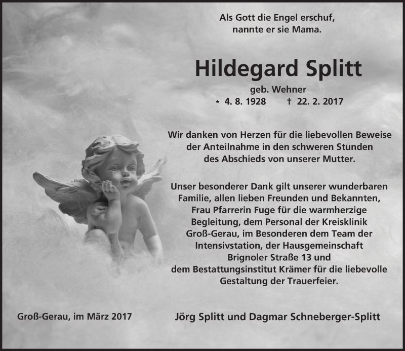  Traueranzeige für Hildegard Splitt vom 18.03.2017 aus Trauerportal Echo Online