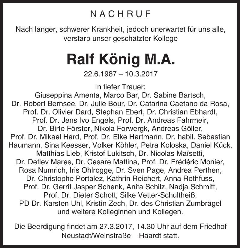  Traueranzeige für Ralf König vom 22.03.2017 aus Trauerportal Echo Online
