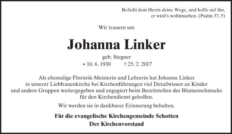  Traueranzeige für Johanna Linker vom 04.03.2017 aus  Kreisanzeiger