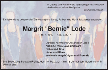 Traueranzeige von Margrit  Lode von Trauerportal Echo Online