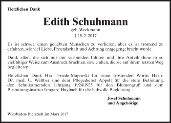 Traueranzeige von Edith Schuhmann von Trauerportal Rhein Main Presse
