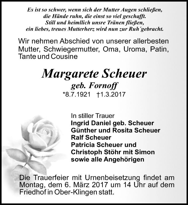  Traueranzeige für Margarete Scheuer vom 04.03.2017 aus Trauerportal Echo Online