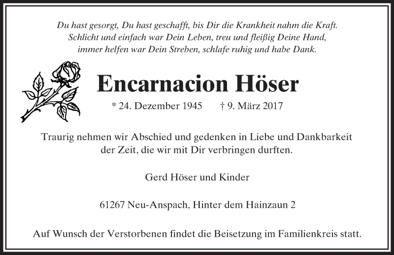  Traueranzeige für Encarnacion Höser vom 11.03.2017 aus  Usinger Anzeiger