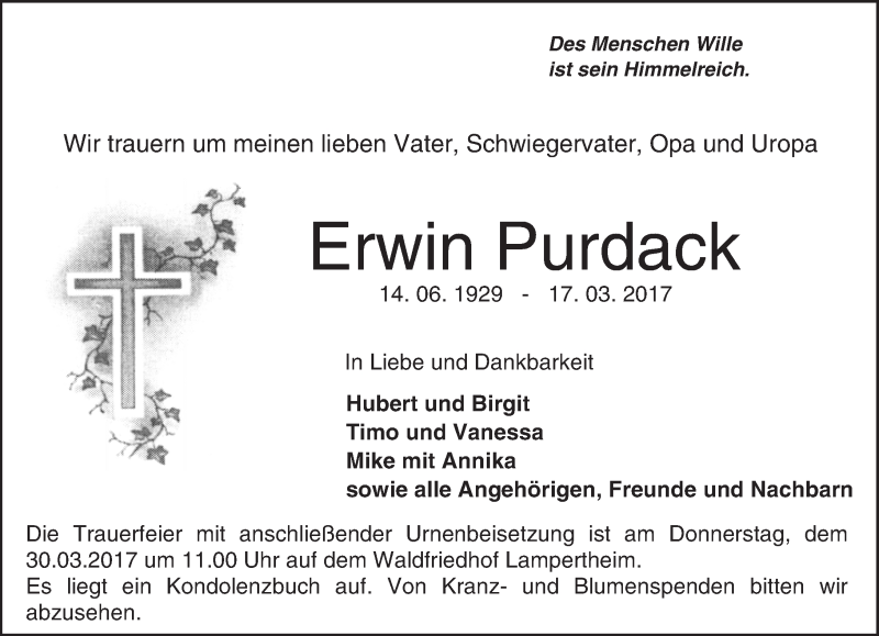  Traueranzeige für Erwin Purdack vom 29.03.2017 aus Trauerportal Echo Online