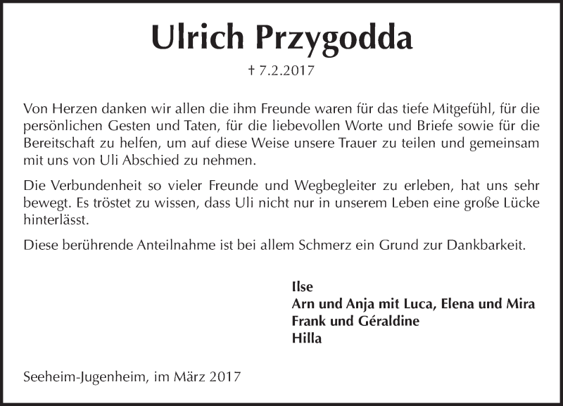  Traueranzeige für Ulrich Przygodda vom 25.03.2017 aus Trauerportal Echo Online