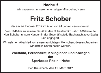 Traueranzeige von Fritz Schober von Trauerportal Rhein Main Presse