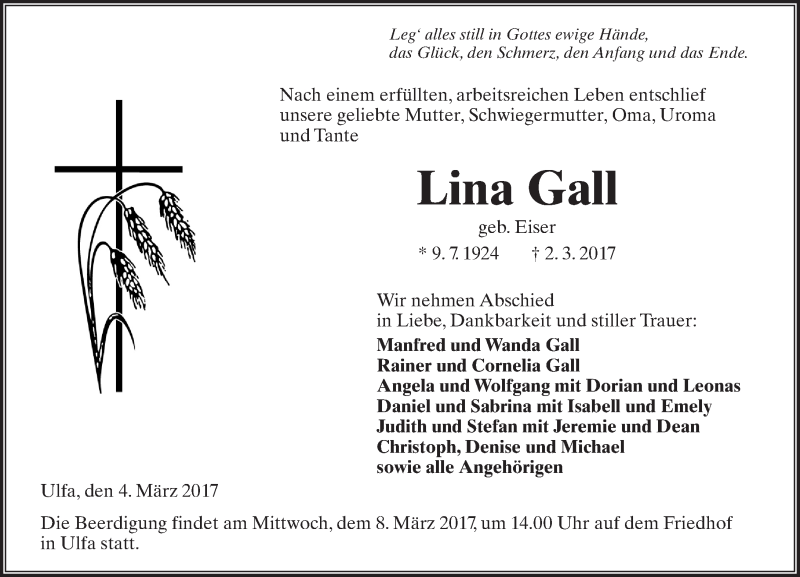  Traueranzeige für Lina Gall vom 04.03.2017 aus  Kreisanzeiger