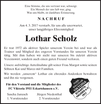 Traueranzeige von Lothar Scholz von  Kreisanzeiger
