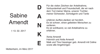 Traueranzeige von Sabine Amendt von Trauerportal Rhein Main Presse