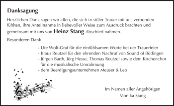 Traueranzeige von Heinz Stang von  Kreisanzeiger