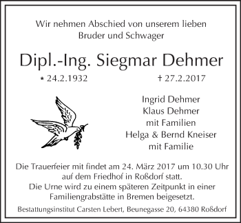 Traueranzeige von Siegmar Dehmer von Trauerportal Echo Online