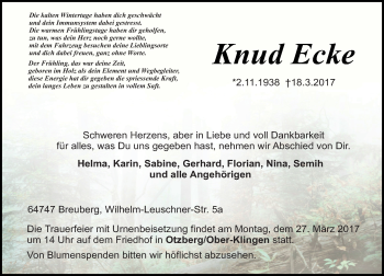 Traueranzeige von Knud Ecke von Trauerportal Echo Online
