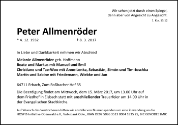 Traueranzeige von Peter Allmenröder von Trauerportal Echo Online