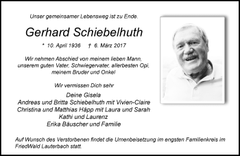 Traueranzeige von Gerhard Schiebelhuth von VRM Trauer
