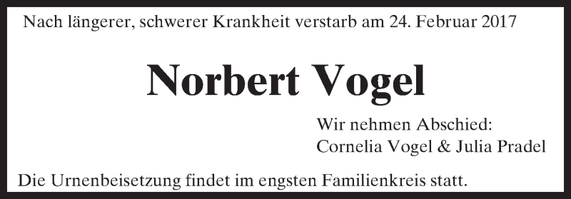  Traueranzeige für Norbert Vogel vom 15.03.2017 aus  Gießener Anzeiger