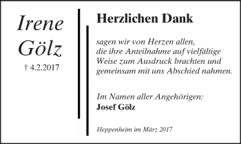 Traueranzeige von Irene Gölz von Trauerportal Echo Online