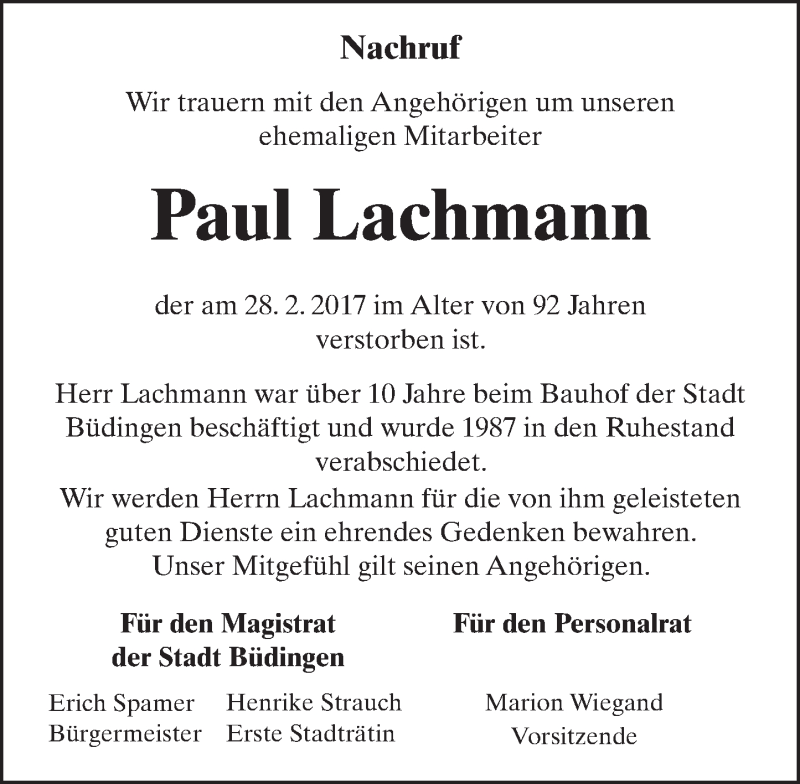  Traueranzeige für Paul Lachmann vom 11.03.2017 aus  Kreisanzeiger