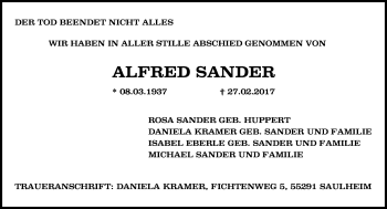 Traueranzeige von Alfred Sander von Trauerportal Rhein Main Presse