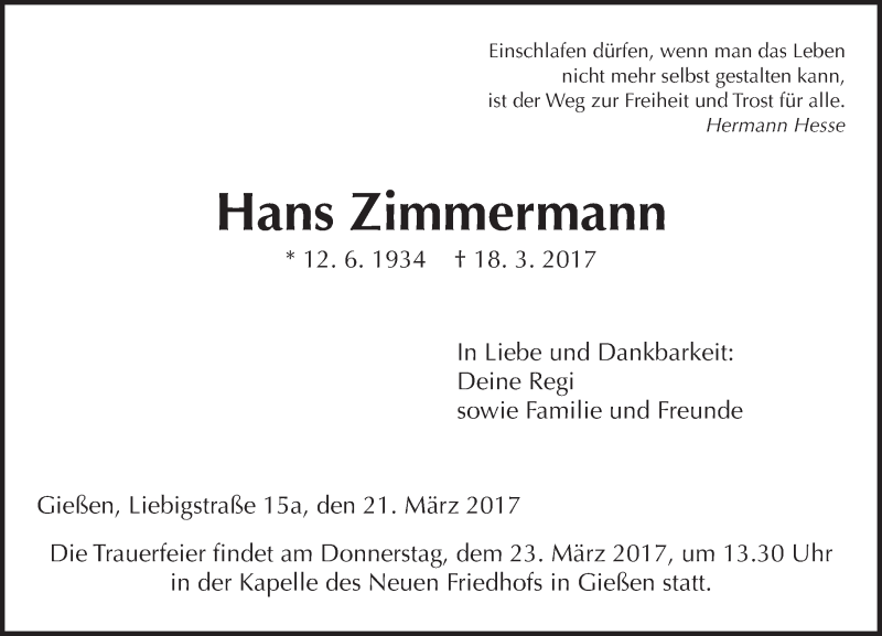  Traueranzeige für Hans Zimmermann vom 21.03.2017 aus  Gießener Anzeiger