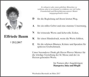 Traueranzeige von Elfriede Baum von Trauerportal Rhein Main Presse