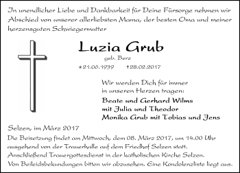 Traueranzeige von Luzia Grub von Trauerportal Rhein Main Presse