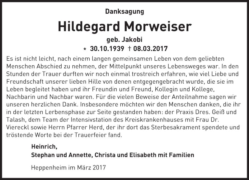  Traueranzeige für Hildegard Morweiser vom 25.03.2017 aus Trauerportal Echo Online