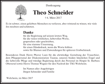 Traueranzeige von Theo Schneider von  Usinger Anzeiger