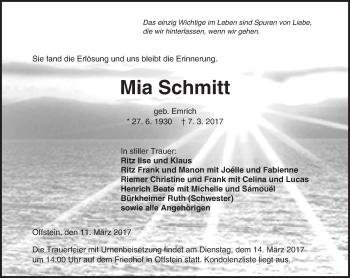 Traueranzeige von Mia Schmitt von Trauerportal Rhein Main Presse