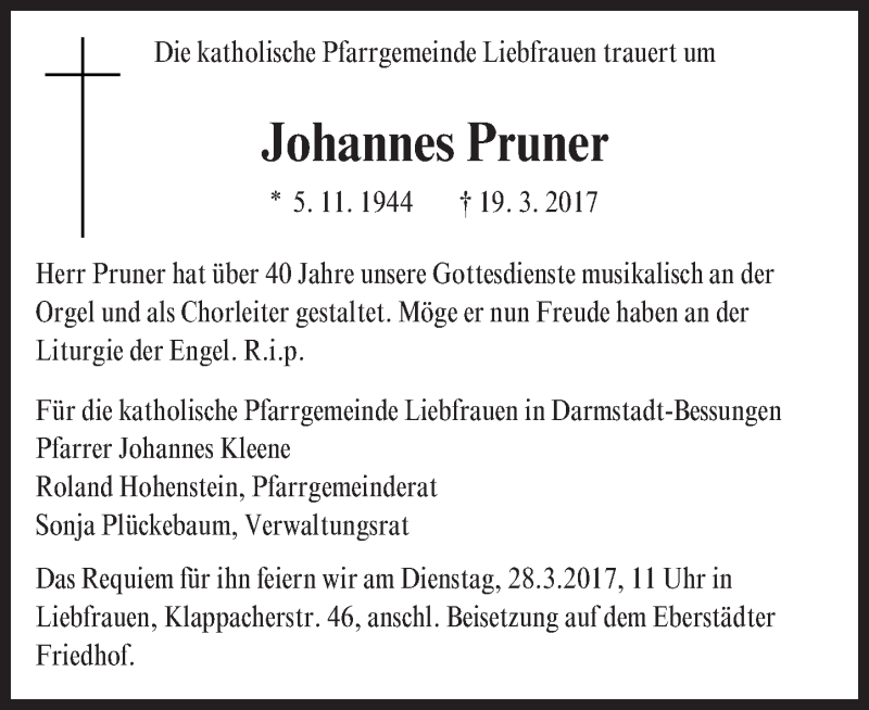  Traueranzeige für Johannes Pruner vom 25.03.2017 aus Trauerportal Echo Online
